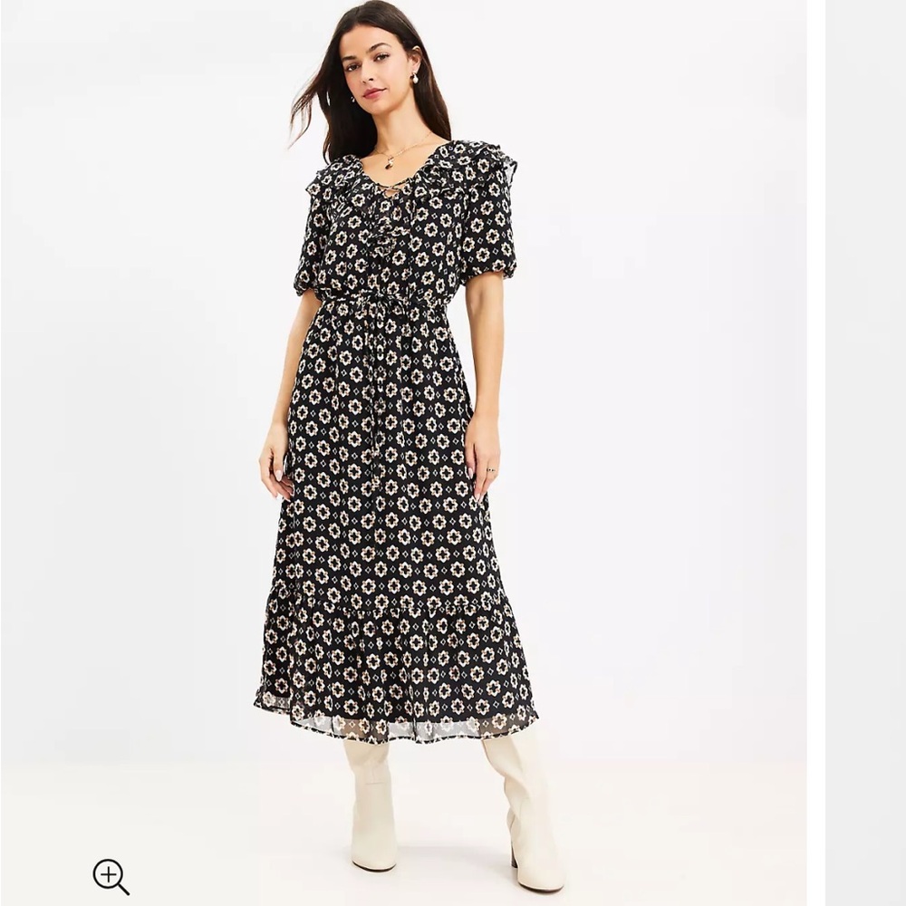 Loft Geo Ruffle Hi-Lo Midi Dress